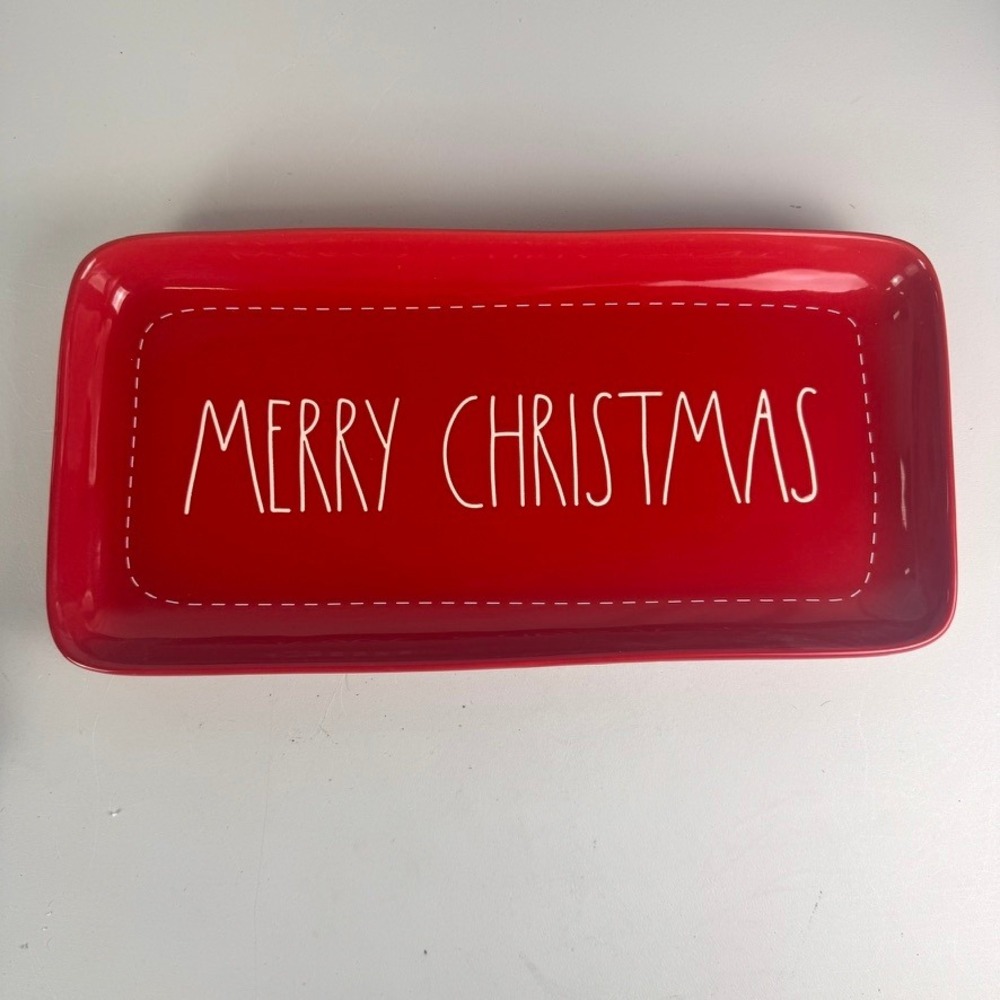 Rae Dunn Merry Christmas Red Ceramic Rectangular Serving Platter Tray Magenta